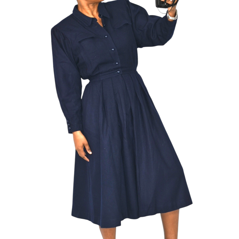 Retro Office Midi Dress Blue Navy Shirt Shoulder Pads Collar Pleated Small 2 4